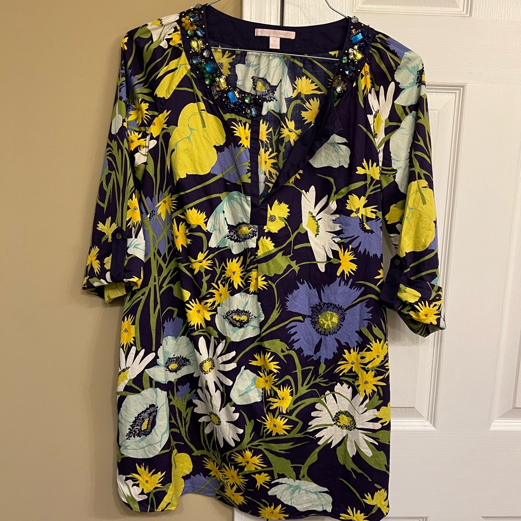 Rebecca Taylor Floral Print Dress W/ Beaded Neckline, S 10, Very Good Condition